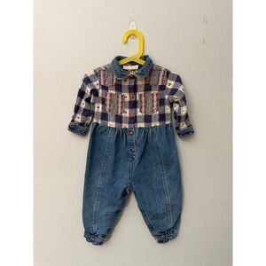 Vintage Baby Beluga Denim Romper Toddler Girls 18 months Gingham Cottagecore 90s